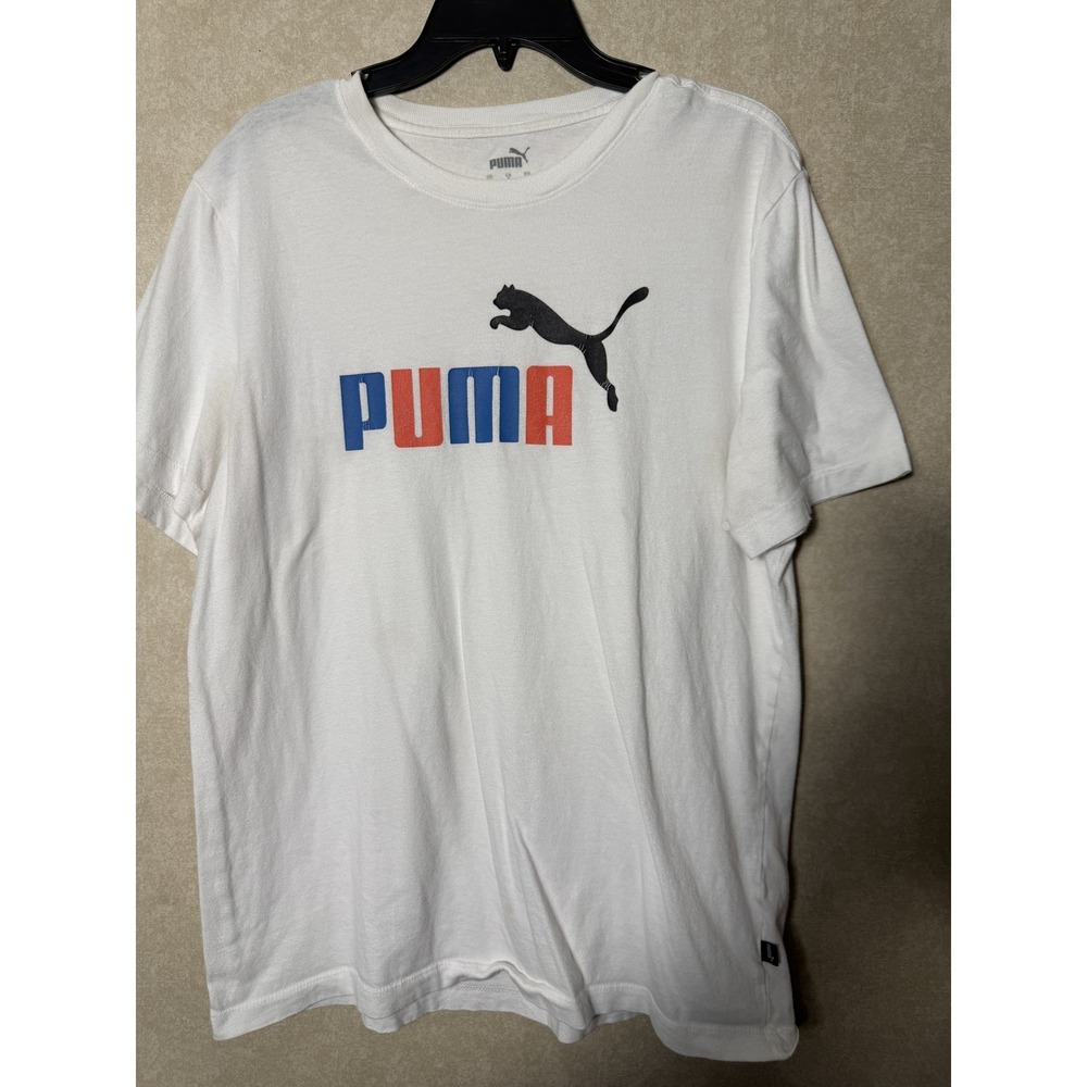 PUMA Men's White Graphic Logo T-Shirt Size L Large Crew Neck Short Sleeve Top‎